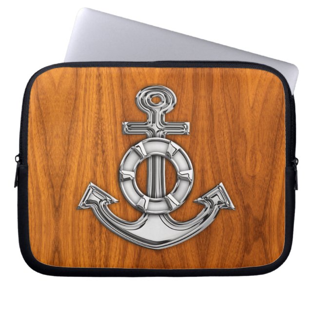 Lifesaver Chrome Anchor on Teak Veneer Styles Laptop Sleeve (Front)