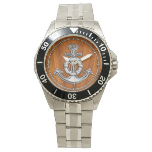 Lifesaver Chrome Anchor on Teak Veneer Styles Watch