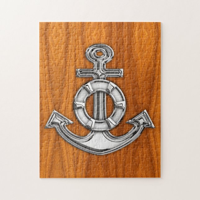 Lifesaver Chrome Like Anchor on Teak Veneer Jigsaw Puzzle (Vertical)