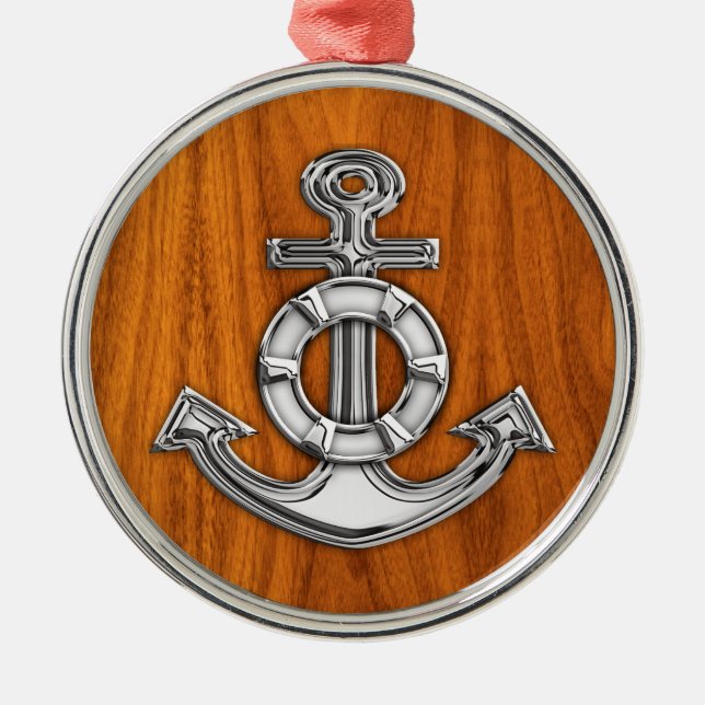 Lifesaver Chrome Like Anchor on Teak Veneer Metal Ornament (Front)