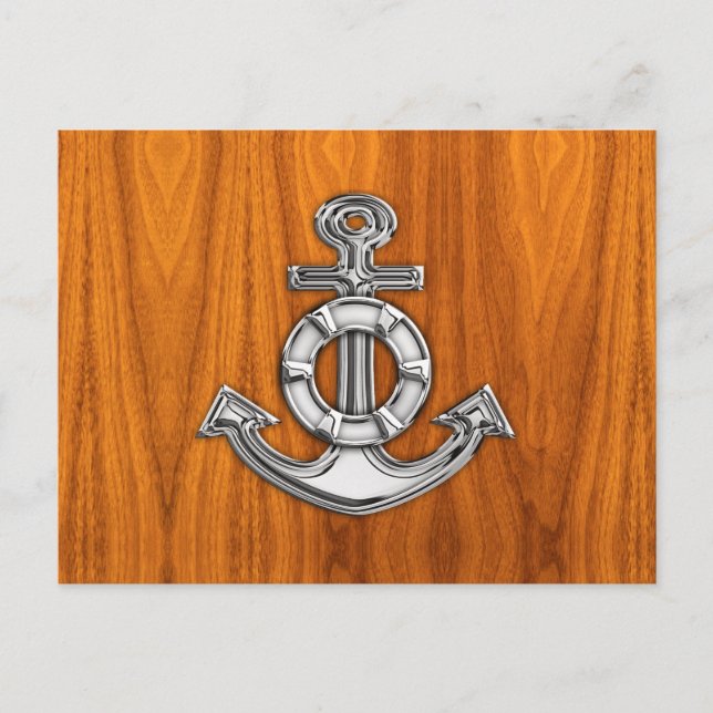 Lifesaver Chrome Like Anchor on Teak Veneer Postcard (Front)