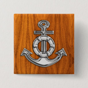 Lifesaver Chrome Style Anchor on Teak Veneer 2 Inch Square Button