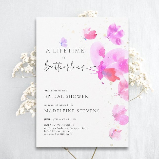 Lifetime Butterflies Bold Romantic Bridal Shower Invitation (butterflies theme bridal shower invitation whimsical watercolor romantic bold pink purple red)