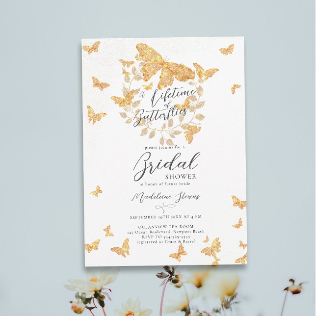 Lifetime Butterflies Gold Romantic Bridal Shower Invitation (a lifetime of butterflies bright gold glitter eucalyptus botanical bridal shower invitation garden)