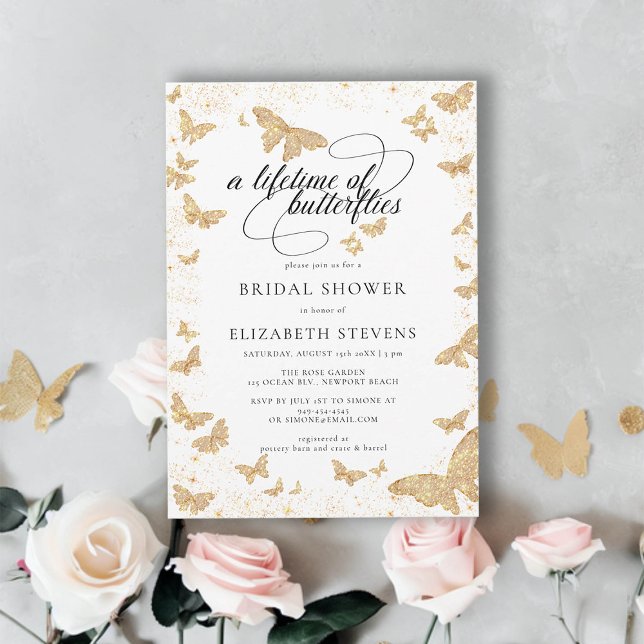 Lifetime Butterflies Gold Romantic Bridal Shower Invitation (lifetime of butterflies bridal shower theme invitation gold garden romantic calligraphy elegant boho)