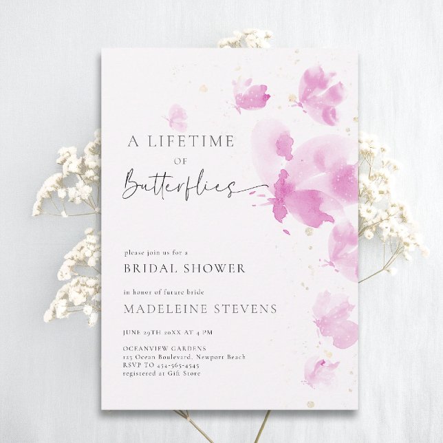 Lifetime Butterflies Romantic Pink Bridal Shower Invitation (butterflies theme bridal shower invitation whimsical watercolor romantic dreamy pink purple)