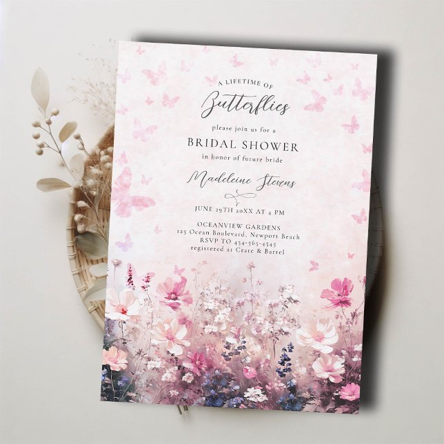 Lifetime Butterflies Wildflower Pink Bridal Shower Invitation (lifetime butterflies bridal shower invitation brunch tea pink purple peach wildflowers garden party)