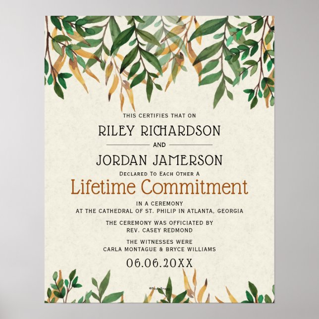 "Lifetime Commitment" Greenery Wedding Certificate Poster (Front)