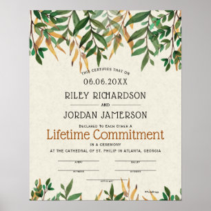"Lifetime Commitment" Greenery Wedding Certificate Poster