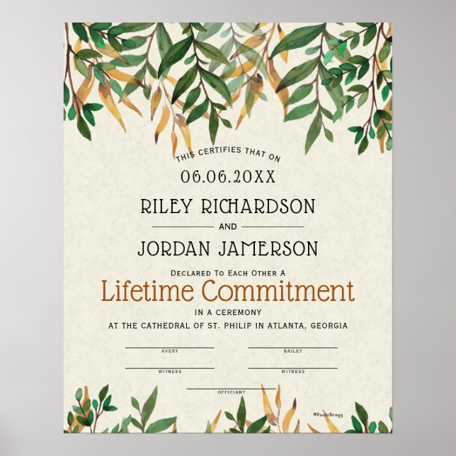 "Lifetime Commitment" Greenery Wedding Certificate Poster (Front)