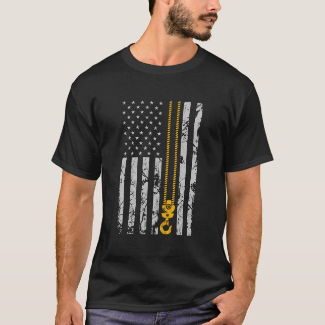 Lifting Hook Thin American Flag Crane Operator T-Shirt (Front)