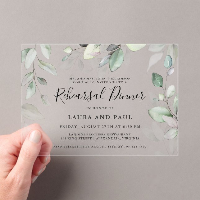 Light Airy Watercolor Botanical Rehearsal Dinner Acrylic Invitations (Insitu (Handheld))