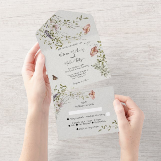 Light & airy wildflower watercolor Wedding All In One Invitation (Tearaway)