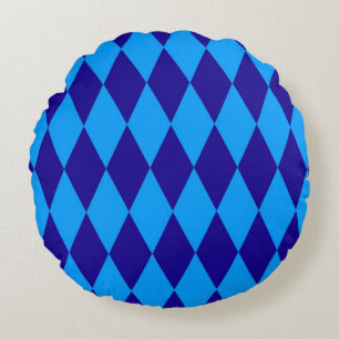 Light and Dark Blue Harlequin Diamonds Checkers Round Pillow