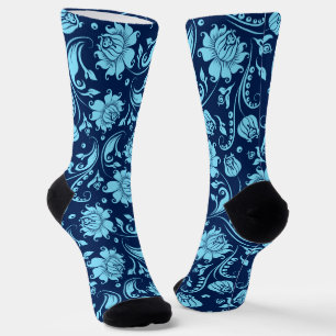 Light and dark blue vintage floral damasks pattern socks