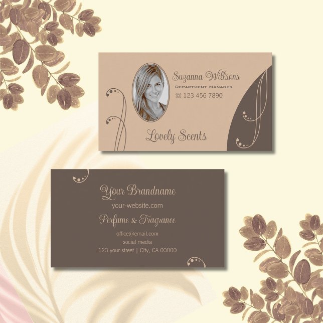 Light and Dark Brown Ornate with Portrait Photo Business Card (Creator Uploaded)