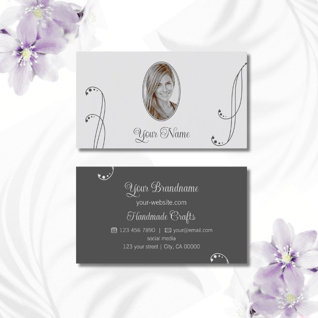 Light and Dark Grey Ornate with Portrait Photo Business Card (Creator Uploaded)