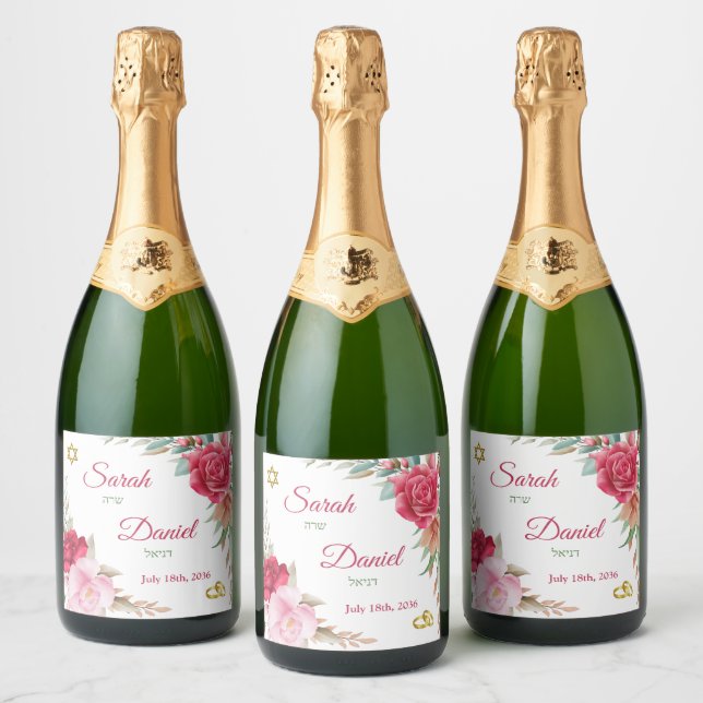 Light and Dark Pink Rose Blush Jewish Wedding Sparkling Wine Label (Bottles)