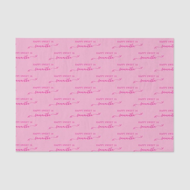 Light and Hot Pink Happy Sweet 16 Cute Bow Name Tissue Paper (Front)