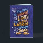 Light and Latkes Non-Photo Hanukkah Greeting Card<br><div class="desc">A fun,  bright and colourful,  hand-lettered Hanukkah sentiment,  with latkes and lights of the menorah,  this greeting card has a humourous punch line on the inside. A photo could be added to the inside left panel!</div>