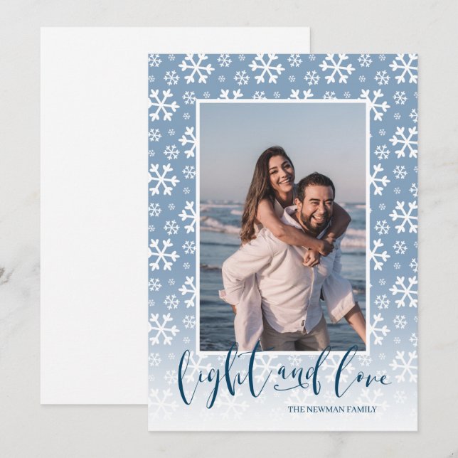 Light and Love Snowy Hanukkah Photo Holiday Card (Front/Back)