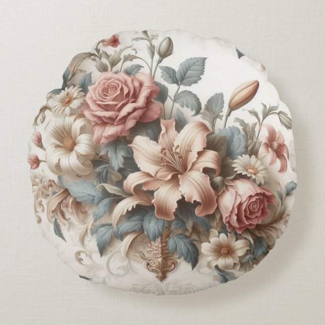 Light Antique Floral Perfection Round Pillow (Front)