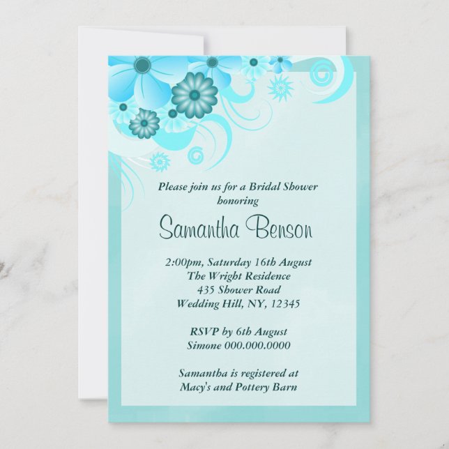 Light Aqua Blue Hibiscus Floral Bridal Shower Invitation (Front)