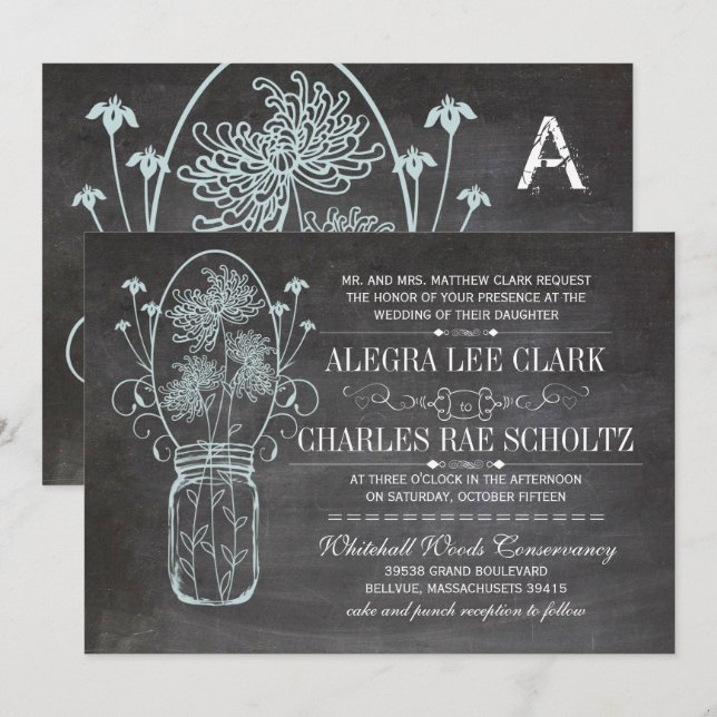 Light Aqua Blue Mason Jar Chalkboard Wedding Invitation (Front/Back)