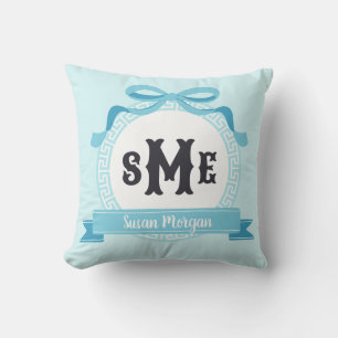 Light Aqua Blue Reverse Greek Key Bow Monogram Throw Pillow