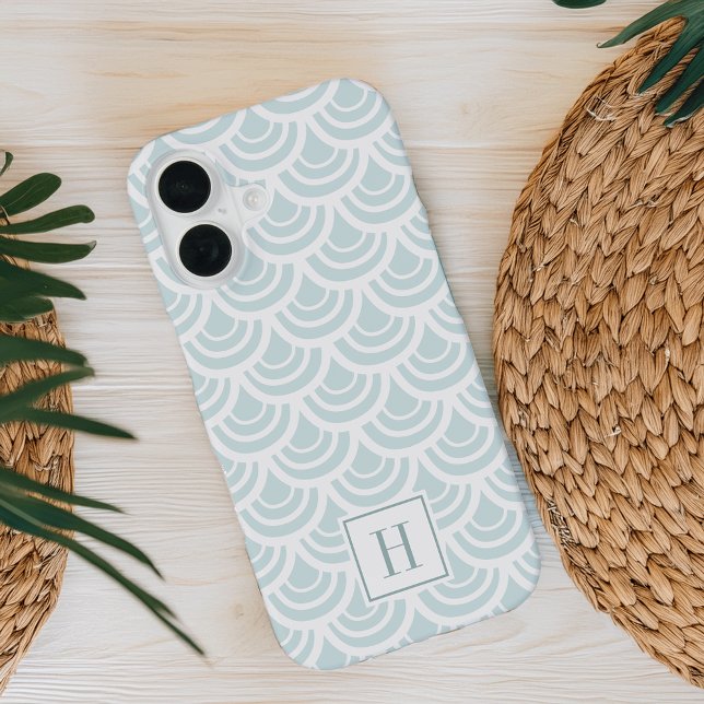 Light Aqua Fishscale Pattern Monogram iPhone 16 Case (Creator Uploaded)
