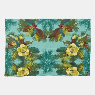 Light Aqua Magnolia Floral Print Kitchen Towel