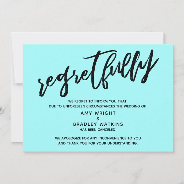 Light Aqua Regretfully Wedding Cancellation Card (Front)