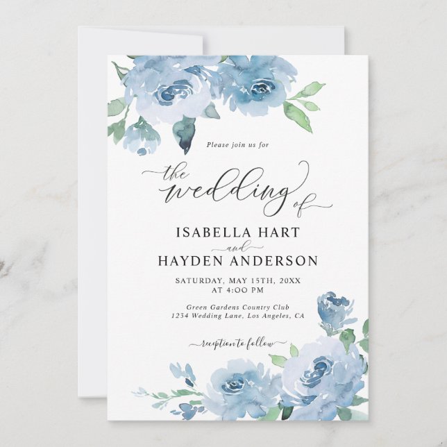 Light Baby Blue All In One QR Code Floral Wedding Invitation (Front)