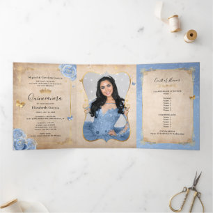 Light Baby Blue and Gold Elegant Photo Quinceanera Tri-Fold Invitation