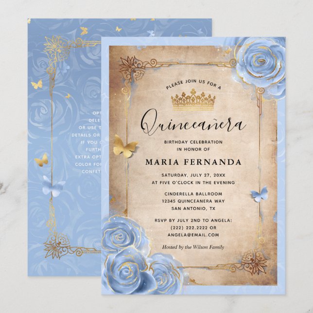 Light Baby Blue and Gold Rose Elegant Quinceanera Invitation (Front/Back)