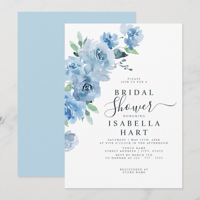 Light Baby Blue Botanical Floral Bridal Shower Invitation (Front/Back)