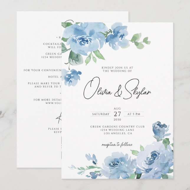 Light Baby Blue Botanical QR All In One Wedding Invitation (Front/Back)