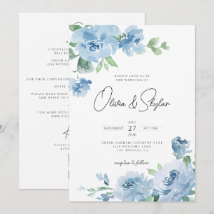 Light Baby Blue Botanical QR All In One Wedding Invitation
