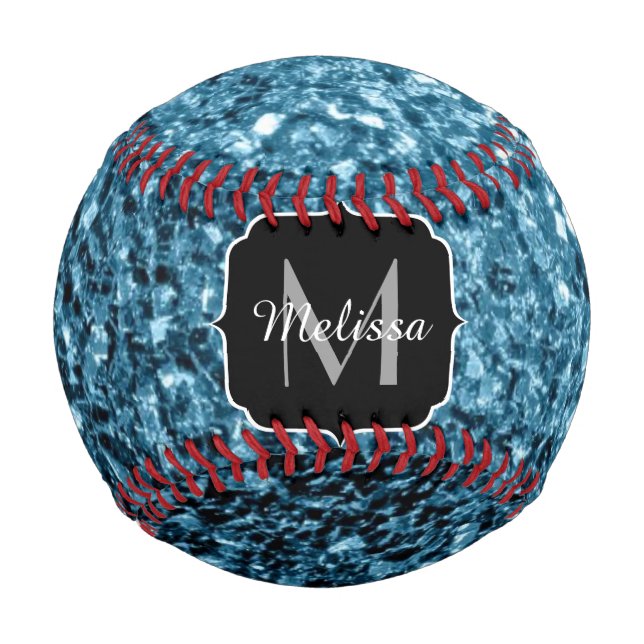 Light baby blue faux glitter sparkle Monogram name Baseball (Front)
