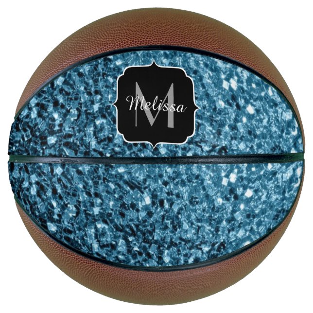 Light baby blue faux glitter sparkle Monogram name Basketball (Front)