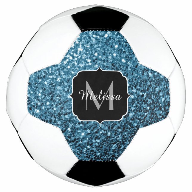 Light baby blue faux glitter sparkle Monogram name Soccer Ball (Front)