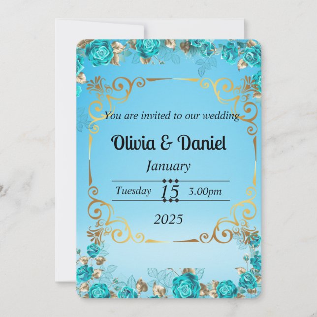 light baby blue floral gold wedding card (Front)