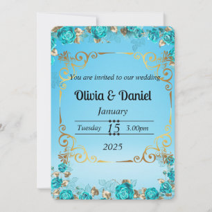 light baby blue floral gold wedding card