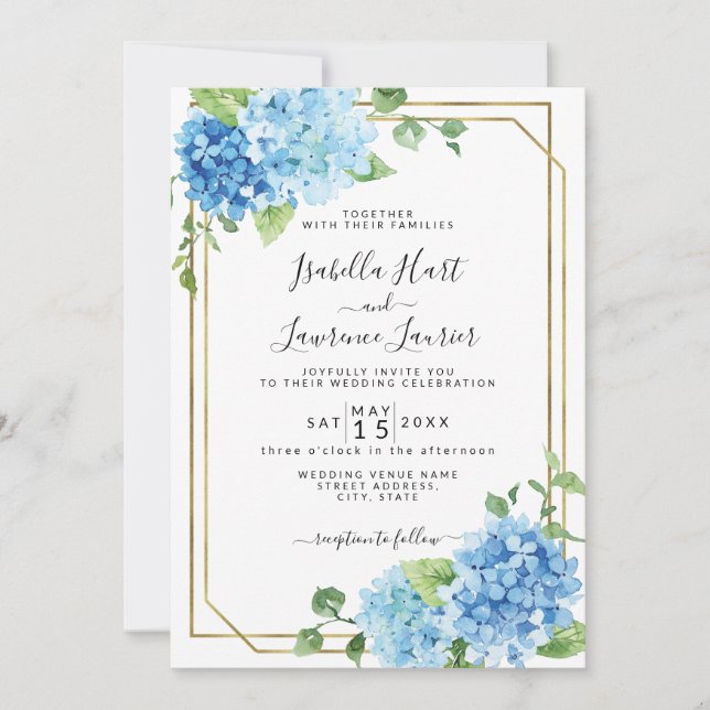 Light Baby Blue Floral Hydrangea Gold Wedding Invitation (Front)
