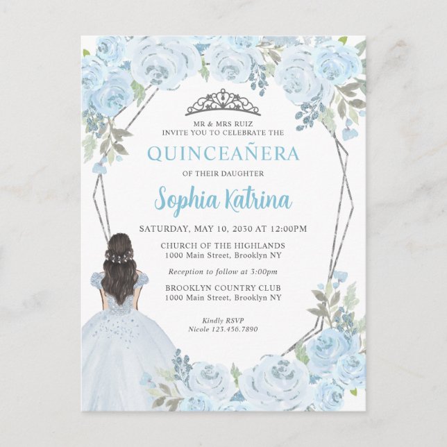 Light Baby Blue Silver Floral Princess Quinceañera Postcard (Front)