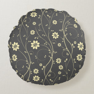 Light Beige And Grey Delicate Flowers Round Pillow