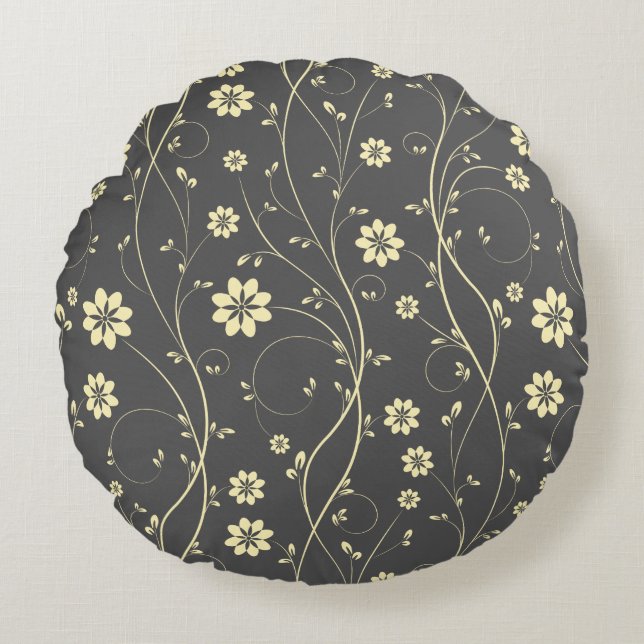 Light Beige And Grey Delicate Flowers Round Pillow (Front)