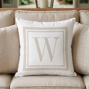 Light Beige and White Classic Square Monogram Outdoor Pillow