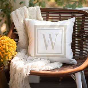 Light Beige and White Classic Square Monogram Outdoor Pillow