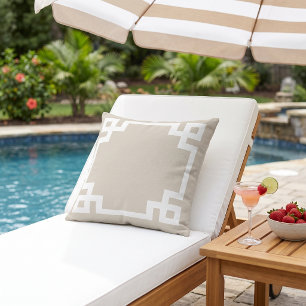 Light Beige and White Greek Key Outdoor Pillow